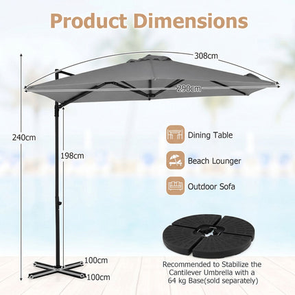 290 cm Grey Cantilever Parasol with Stand & 360 Rotation