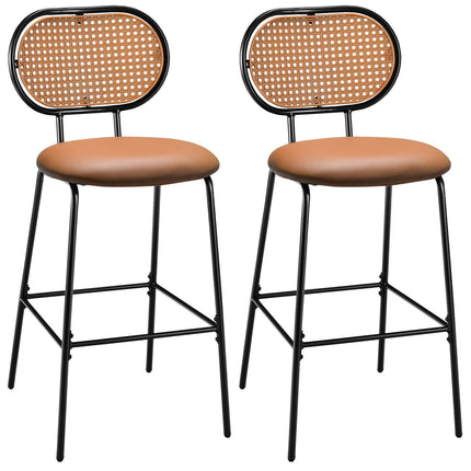 29.5-Inch Faux Leather Bar Stool, Rattan Back, Brown
