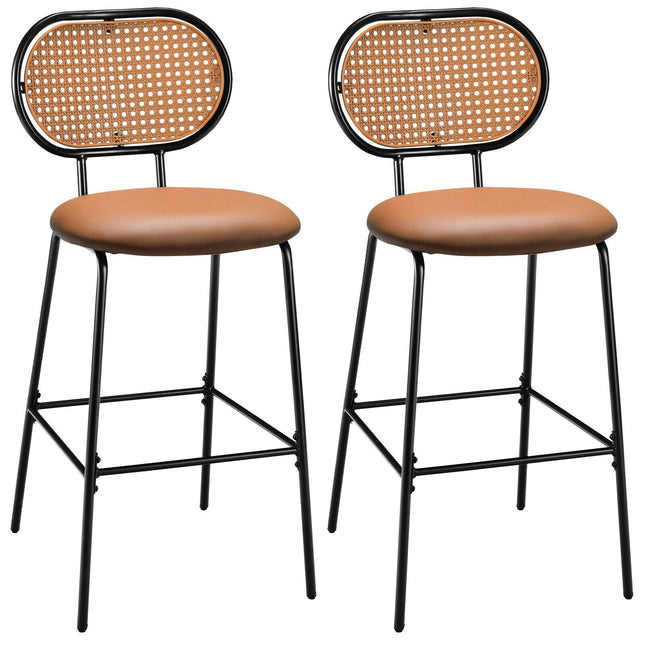 29.5-Inch Faux Leather Bar Stool, Rattan Back, Brown