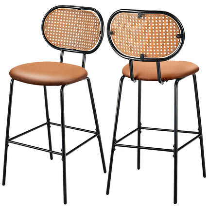 29.5-Inch Faux Leather Bar Stool, Rattan Back, Brown