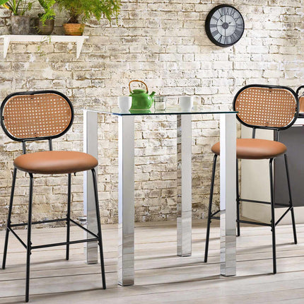 29.5-Inch Faux Leather Bar Stool, Rattan Back, Brown