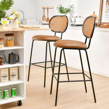 29.5-Inch Faux Leather Bar Stool, Rattan Back, Brown