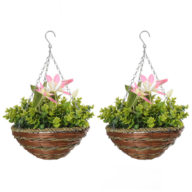 Artificial hanging clematis plants, pink and green, 30 cm, set of 2
