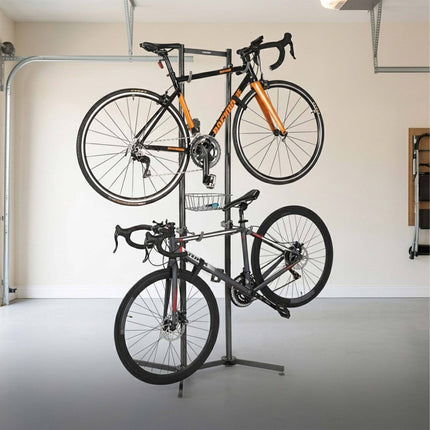 2-Bike Stand with Basket, Adjustable Arms, Black/Grey