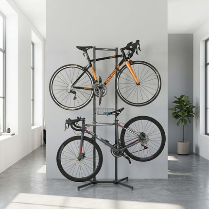 2-Bike Stand with Basket, Adjustable Arms, Black/Grey