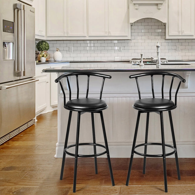 2 Black Bar Stools, 360° Swivel, Steel Frame, Foam Cushions