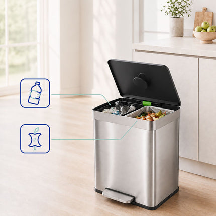2-Compartment Pedal Bin 2 x 30 l with Soft-Close Lid, Silver, 15 Bin Liners