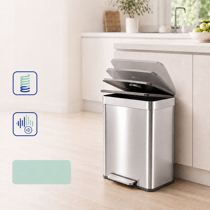 2-Compartment Pedal Bin 2 x 30 l with Soft-Close Lid, Silver, 15 Bin Liners