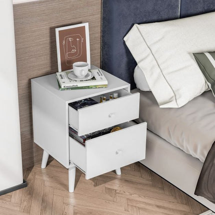 2-Drawer Nightstand, Solid Rubberwood Legs, White