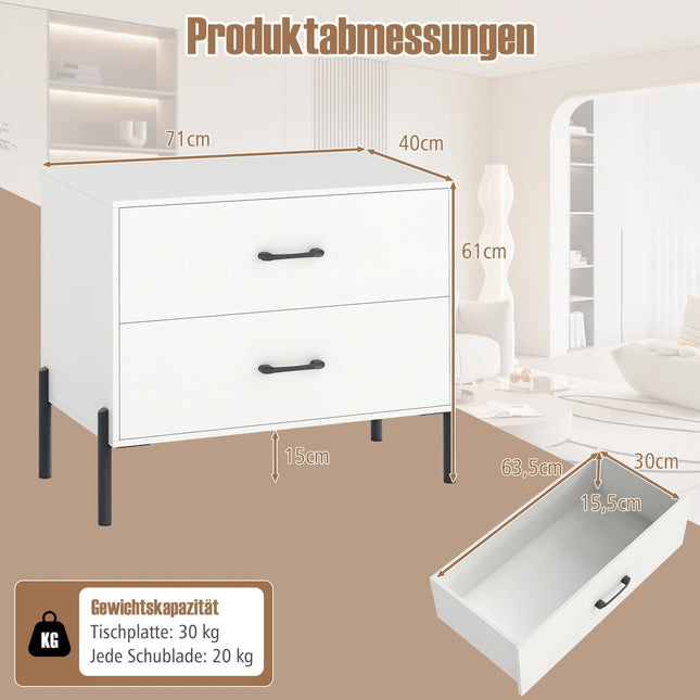 2-Drawer Wood Nightstand with Metal Legs, White