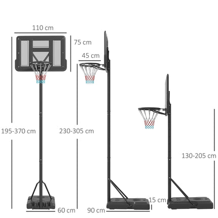Adjustable 2-in-1 basketball hoop with steel frame, 195-370 cm