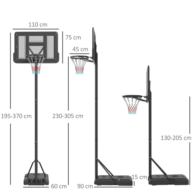 Adjustable 2-in-1 basketball hoop with steel frame, 195-370 cm