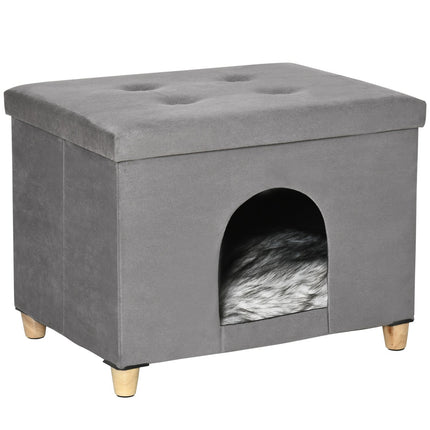 2-in-1 Cat Cave Footstool with cushion, wooden legs, gray