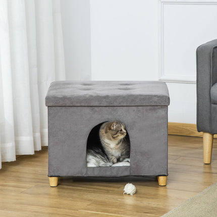 2-in-1 Cat Cave Footstool with cushion, wooden legs, gray