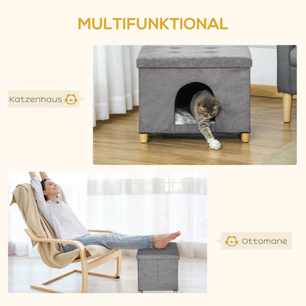 2-in-1 Cat Cave Footstool with cushion, wooden legs, gray