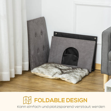 2-in-1 Cat Cave Footstool with cushion, wooden legs, gray