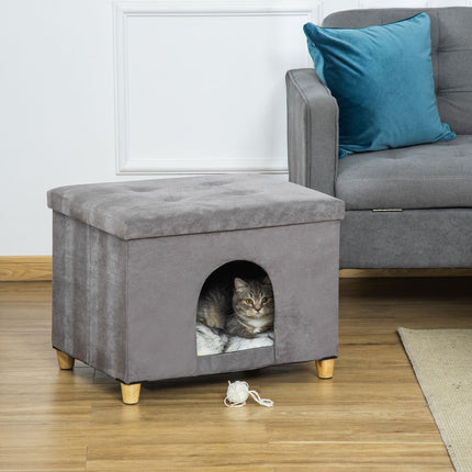 2-in-1 Cat Cave Footstool with cushion, wooden legs, gray