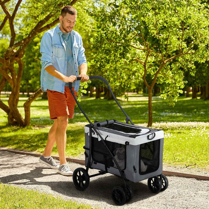 Dog and cat stroller with removable basket and safety leash