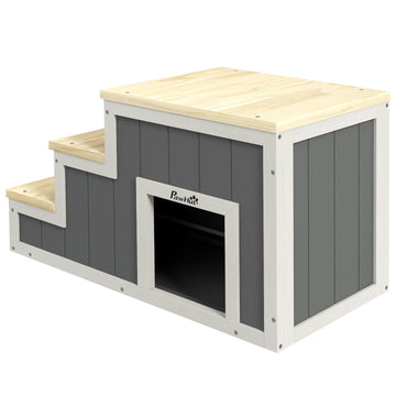 Wooden 3-step pet ramp with cave, supports up to 30 kg