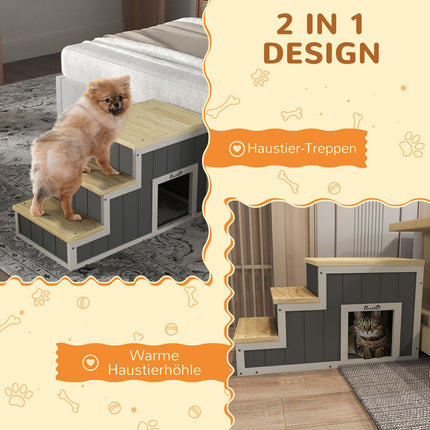 Wooden 3-step pet ramp with cave, supports up to 30 kg