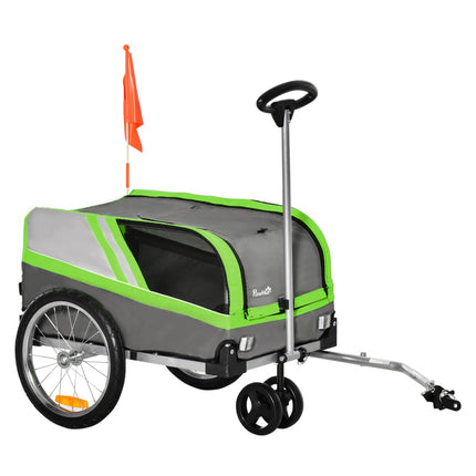 Dog bike trailer & carrier for pets, green/grey, metal frame