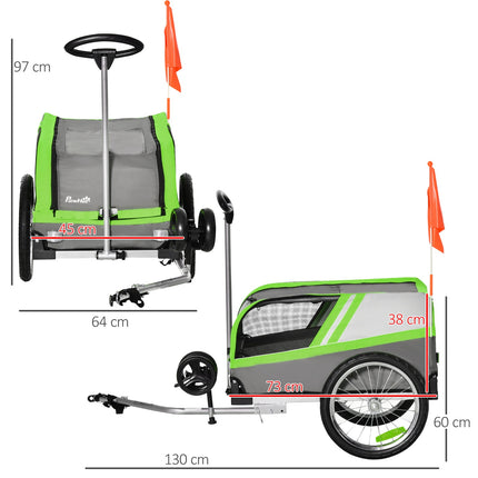 Dog bike trailer & carrier for pets, green/grey, metal frame
