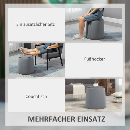 Round ottoman stool in velvet look with storage, gray