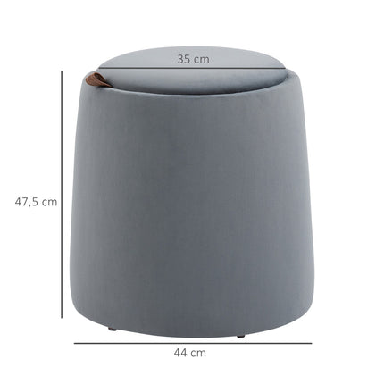 Round ottoman stool in velvet look with storage, gray