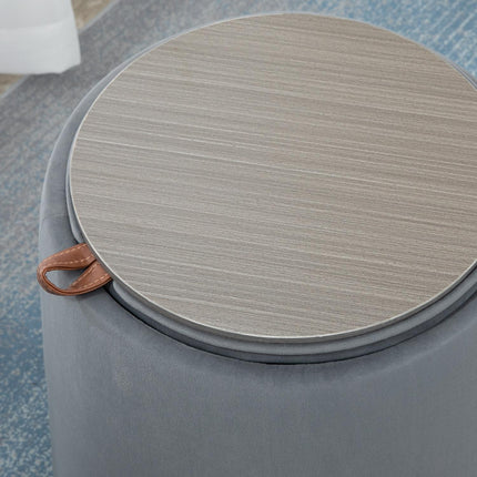 Round ottoman stool in velvet look with storage, gray