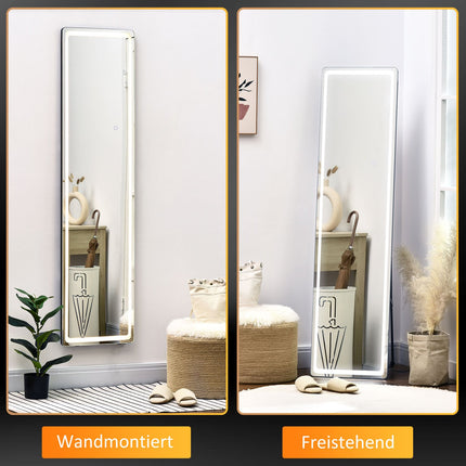 Full-length LED standing mirror, makeup and wall mount, silver/black
