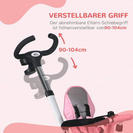 2-in-1 pink tricycle with canopy, safety belt and basket