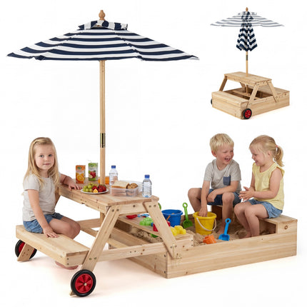 2-In-1 Wooden Sandbox and Picnic Table With Umbrella, Blue