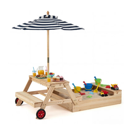 2-In-1 Wooden Sandbox and Picnic Table With Umbrella, Blue