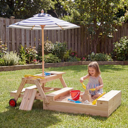 2-In-1 Wooden Sandbox and Picnic Table With Umbrella, Blue