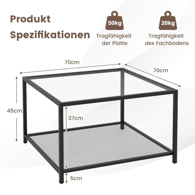 2 Level Glass Table with Storage Space & Mesh Shelf Modern Square Coffee Table 70 x 70 x 45 cm Transparent