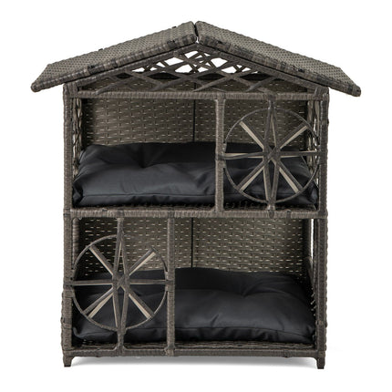 2-Level Rattan Cat House with Removable Cushions