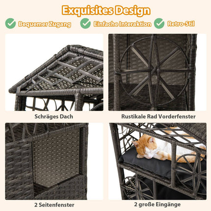 2-Level Rattan Cat House with Removable Cushions