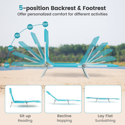 2-Pack Folding Chaise Lounge Chairs, 5-Position, Blue