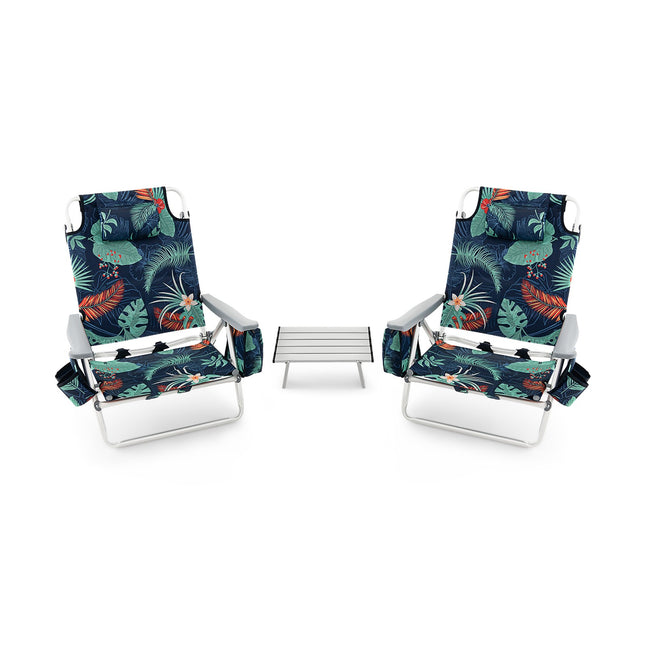 2-Pack Folding Reclining Beach Chair Set with Table