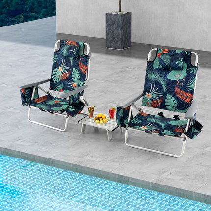 2-Pack Folding Reclining Beach Chair Set with Table