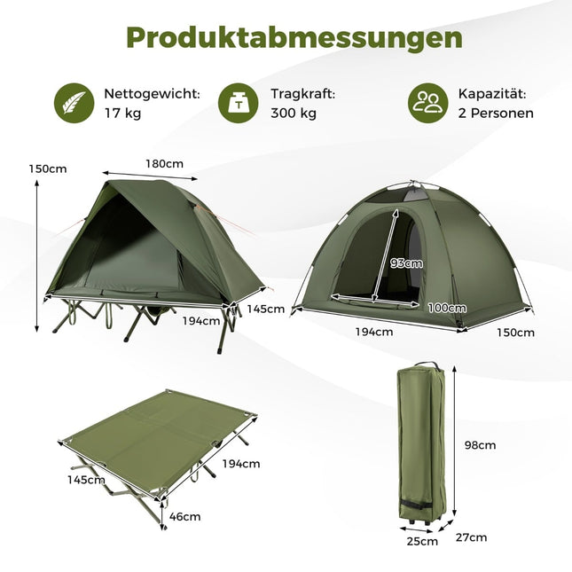 2-Person Camping Tent with Cot, Rainfly, and Carry Bag