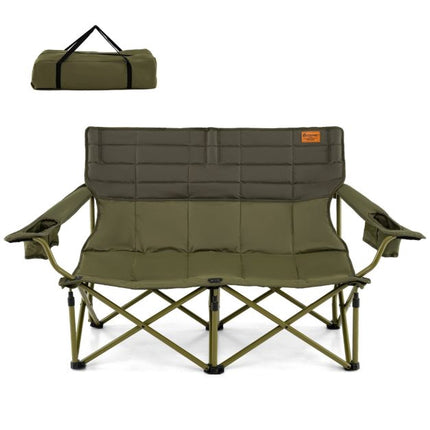 2-Person Folding Camping Chair, Padded, Cup Holders, Green