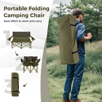 2-Person Folding Camping Chair, Padded, Cup Holders, Green