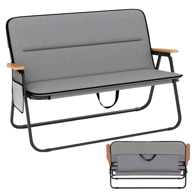 2-Person Folding Camping Loveseat Chair, Cushion, Side Pocket, 300 kg