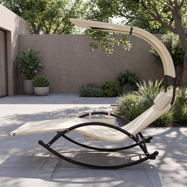 2-Person Swing Sun Lounger With Canopy, 2 Headrests, Beige