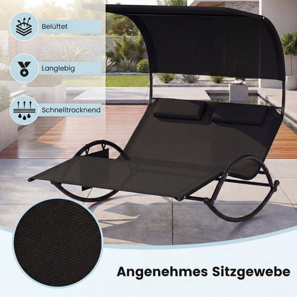 2-Person Swing Sun Lounger With Canopy, Side Pocket, 2 Headrests