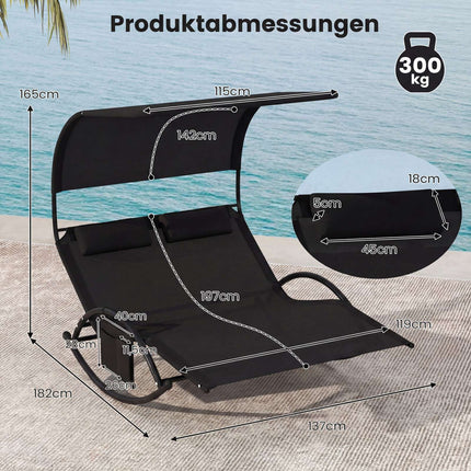 2-Person Swing Sun Lounger With Canopy, Side Pocket, 2 Headrests