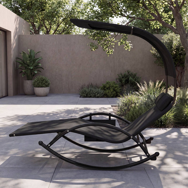 2-Person Swing Sun Lounger With Canopy, Side Pocket, 2 Headrests