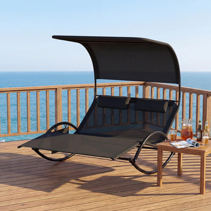 2-Person Swing Sun Lounger With Canopy, Side Pocket, 2 Headrests
