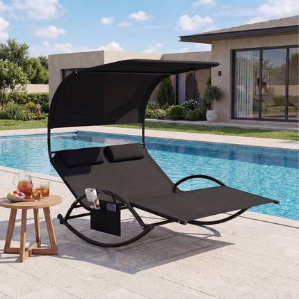 2-Person Swing Sun Lounger With Canopy, Side Pocket, 2 Headrests